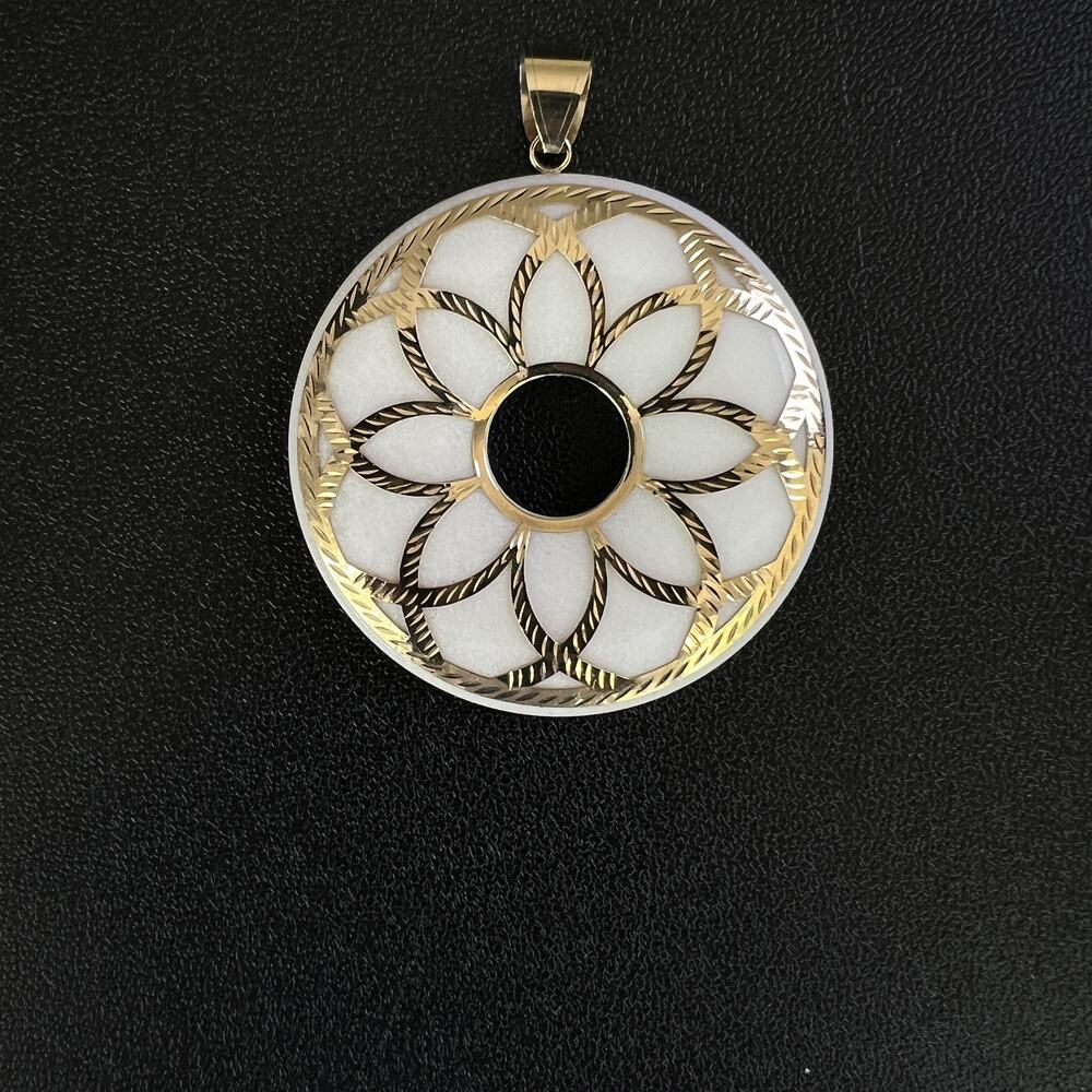 Vintage White Stone Donut Pendant Lotus Flower Overlay Gold Tone Openwork Disc